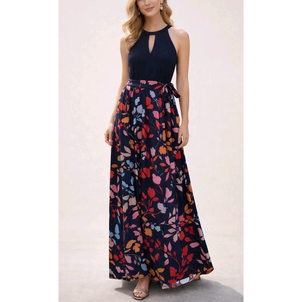 Vince Camuto Sz 6 Navy Floral‎ Maxi Dress Halter Keyhole Belted Party Guest Chic